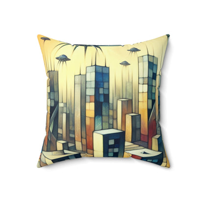 "Cubism in a Futuristic, Alien-Invaded City". - The Alien Spun Polyester Square Pillow A futristic city invaded by aliens in cubism art style