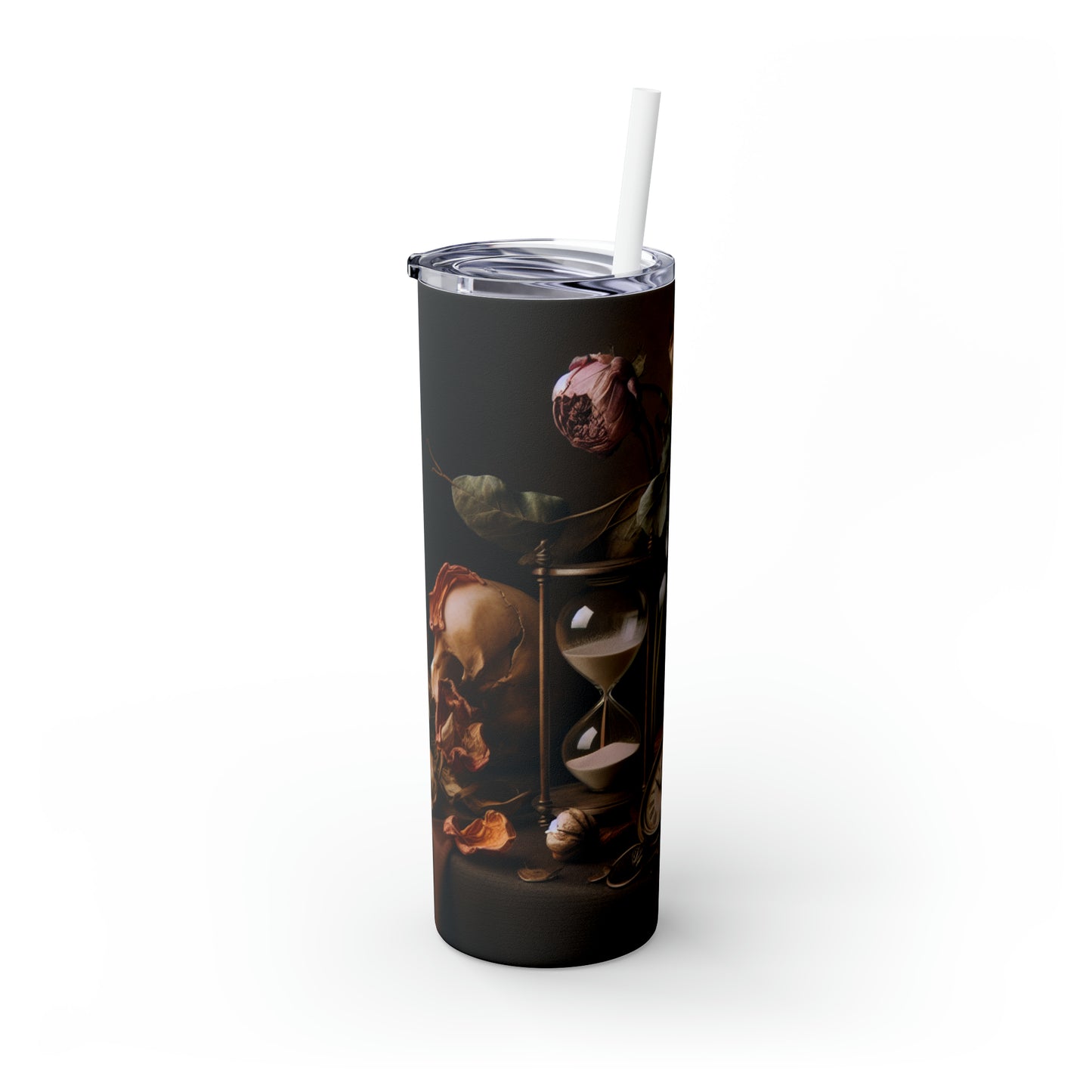 "Fleeting Beauty: A Vibrant Vanitas Painting Depicting the Passage of Time and Transient Nature of Life" - The Alien Maars® Skinny Tumbler with Straw 20oz Vanitas Painting