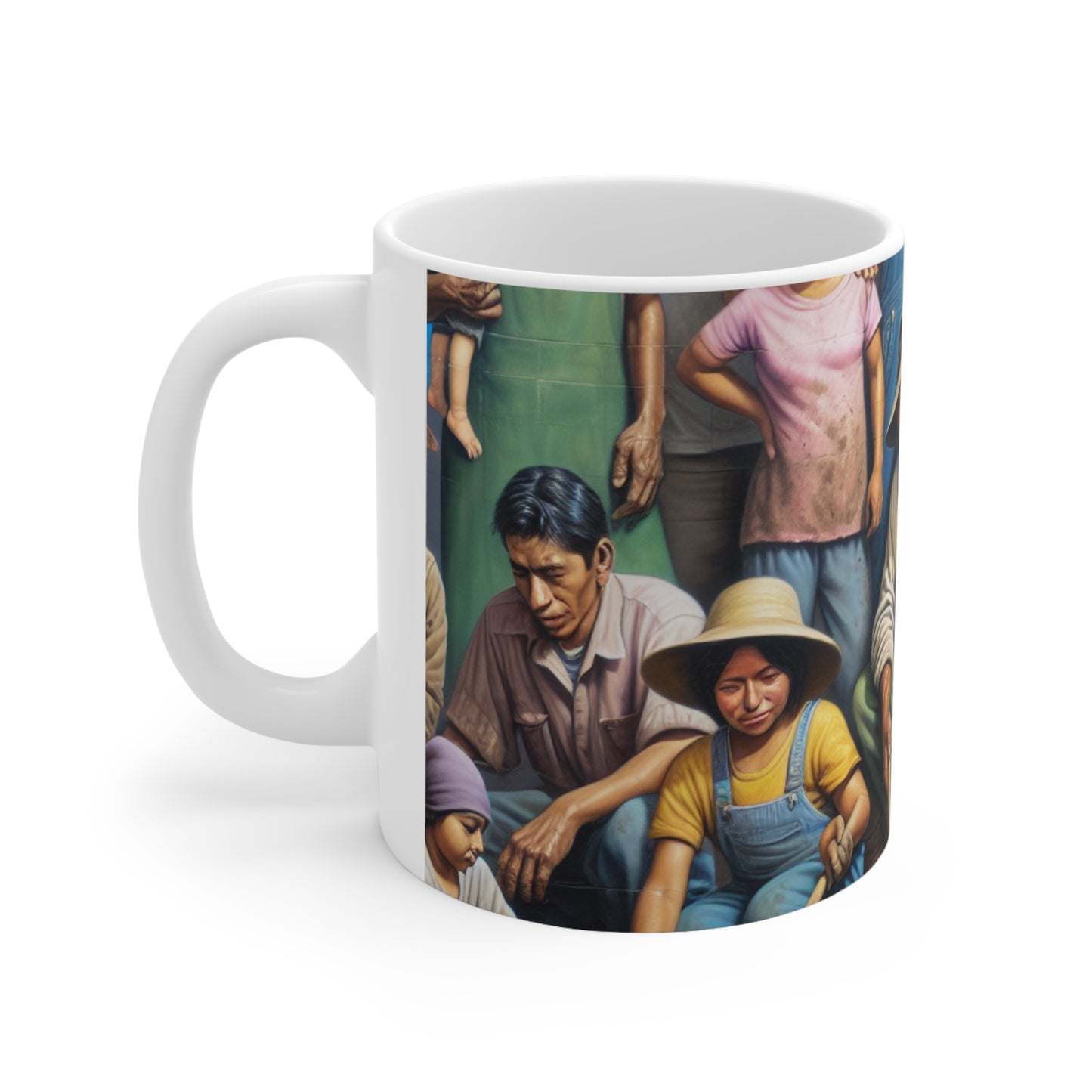 "Cosechando Esperanza: Una Familia Migrante en el Jardín" - Taza de Cerámica The Alien 11oz Estilo Realismo Social