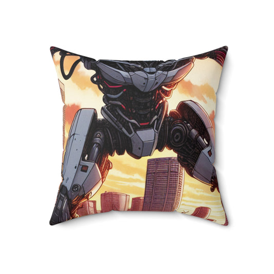 "Girl in Uniform Saves City from Invaders." - The Alien Spun Polyester Square Pillow Manga/Anime Art