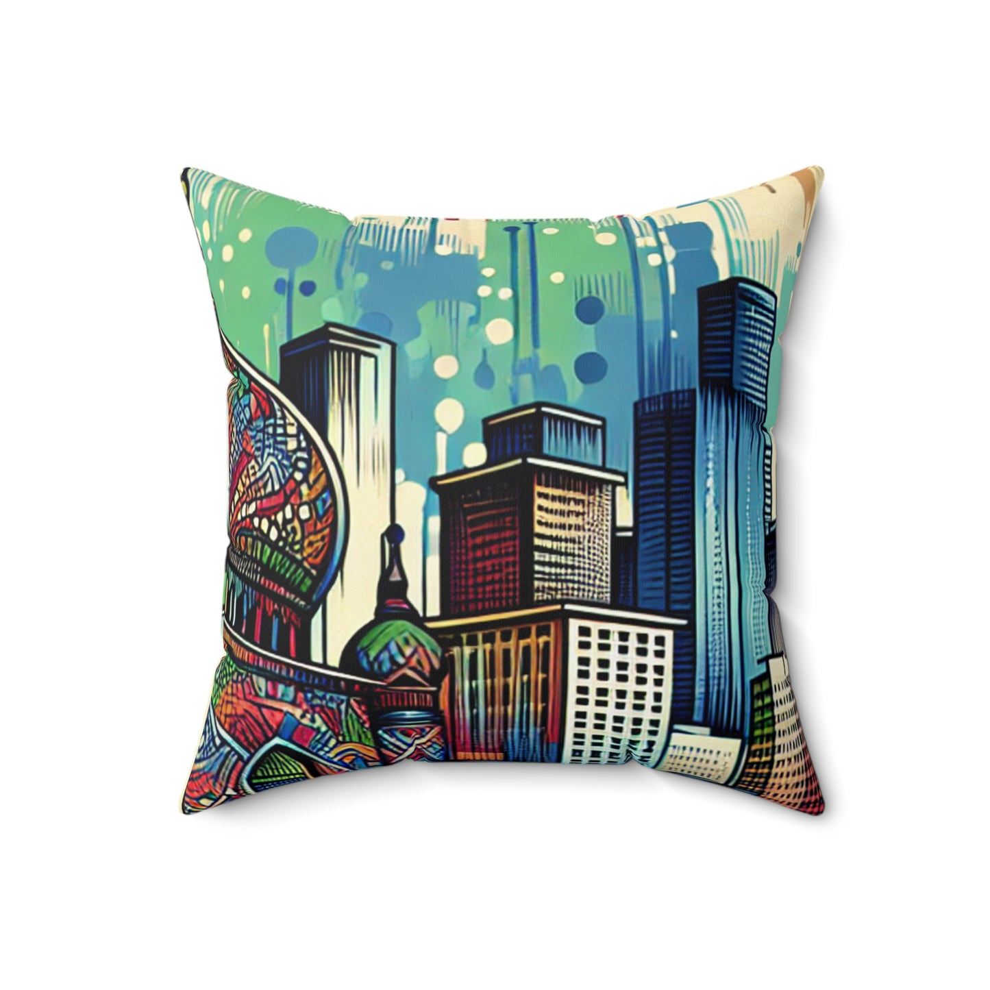 "Bright City: A Pop of Color on the Skyline" - The Alien Spun Polyester Square Pillow Street Art / Graffiti Style