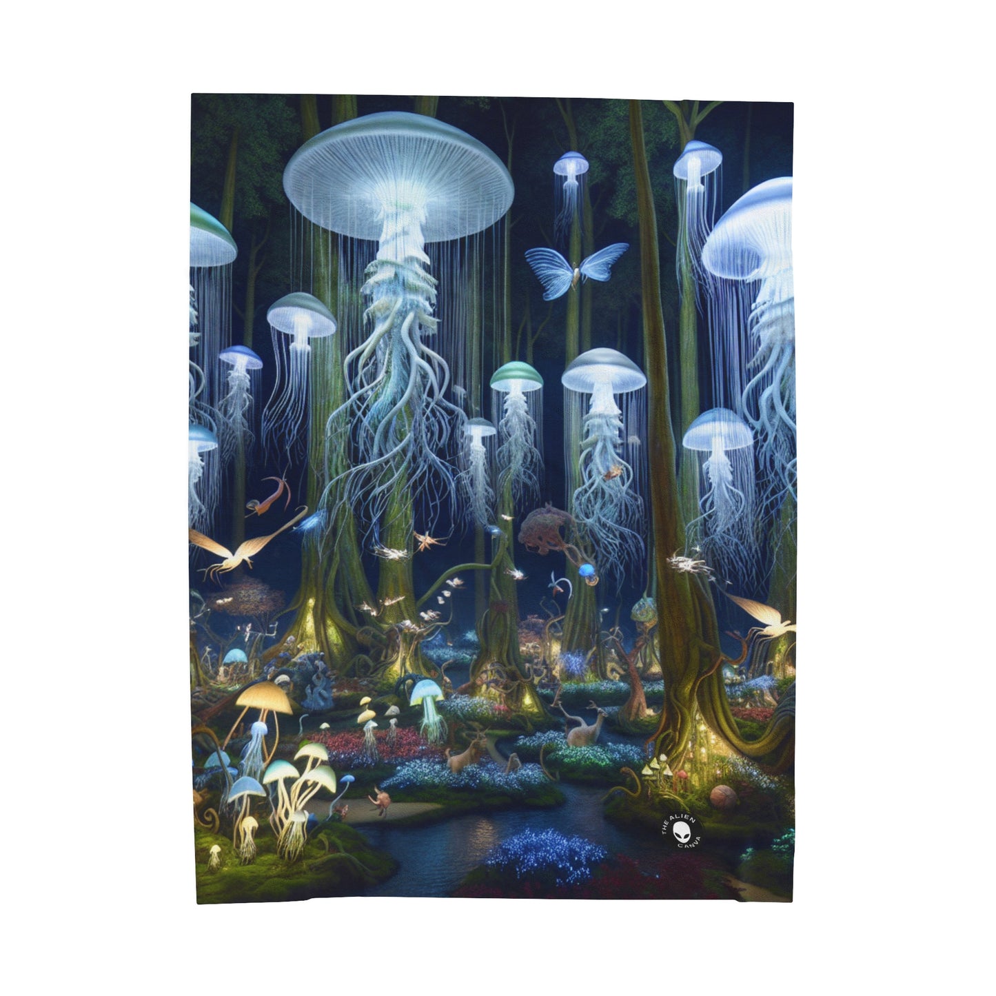 "Jellyfish Grove: Un bosque de fantasía luminiscente" - La manta de felpa de pana alienígena