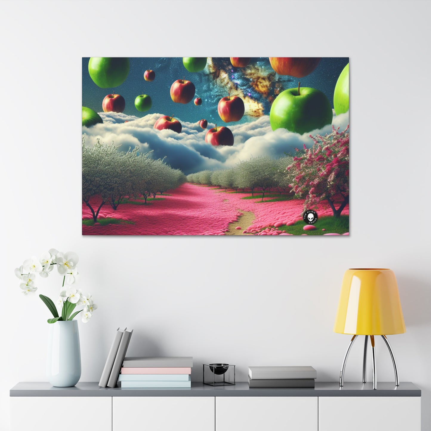 « Ciel de pomme et tapis de fleurs roses : un paysage surréaliste » - The Alien Canva