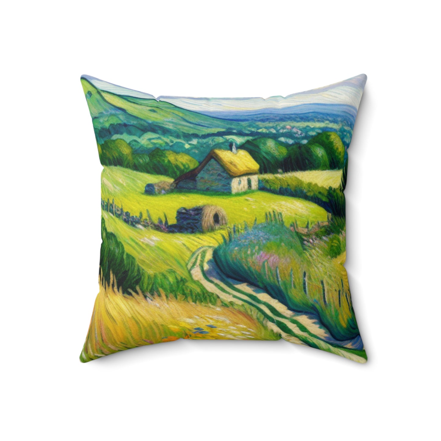 "Mystical Morning: A Post-Impressionist Journey into a Vibrant Dawn"- The Alien Spun Polyester Square Pillow Post-Impressionism