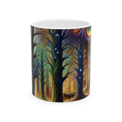 "Bosque arcoíris encantado": taza de cerámica alienígena de 11 oz