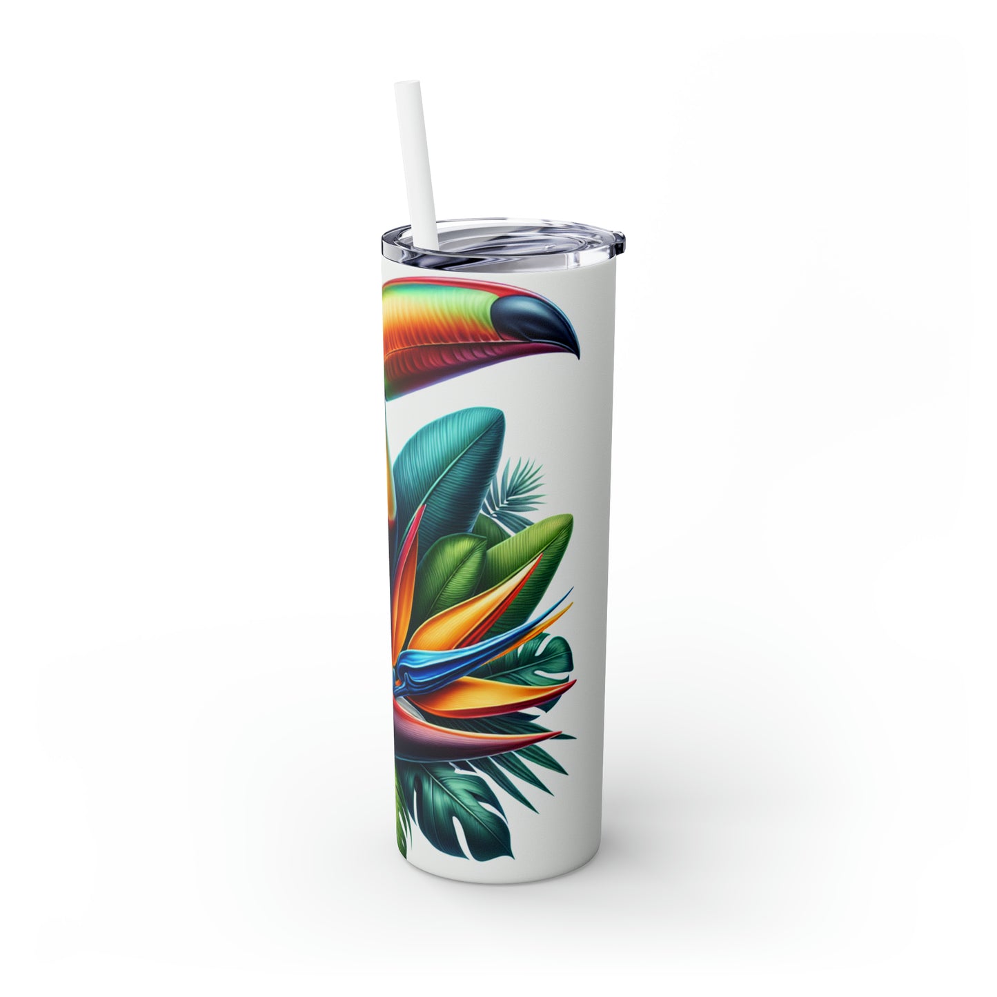 "Toucan on a Tropical Bloom" - The Alien Maars® Skinny Tumbler with Straw 20oz Hyperrealism Style