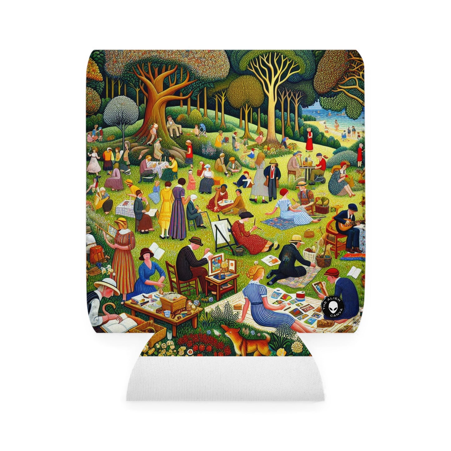 "Whimsical Village Delights" - The Alien Can Cooler Sleeve Naïve Art