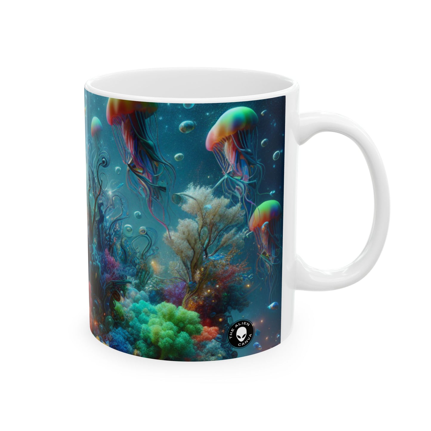 "Los peces de neón bailan en el bosque de corales" - Taza de cerámica alienígena de 11 oz