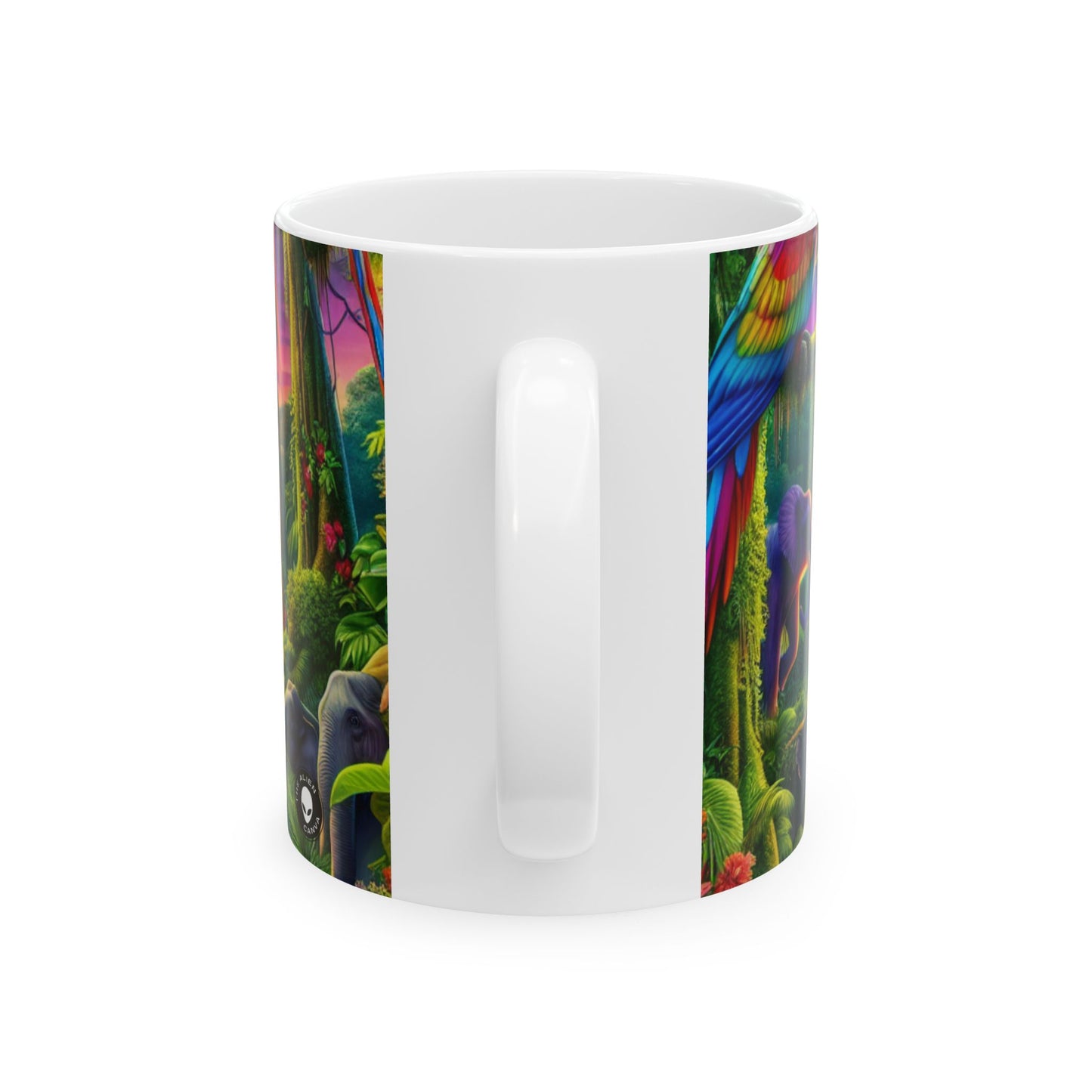 "Atardecer en la naturaleza: una aventura en la jungla del arcoíris" - Taza de cerámica The Alien de 11 oz