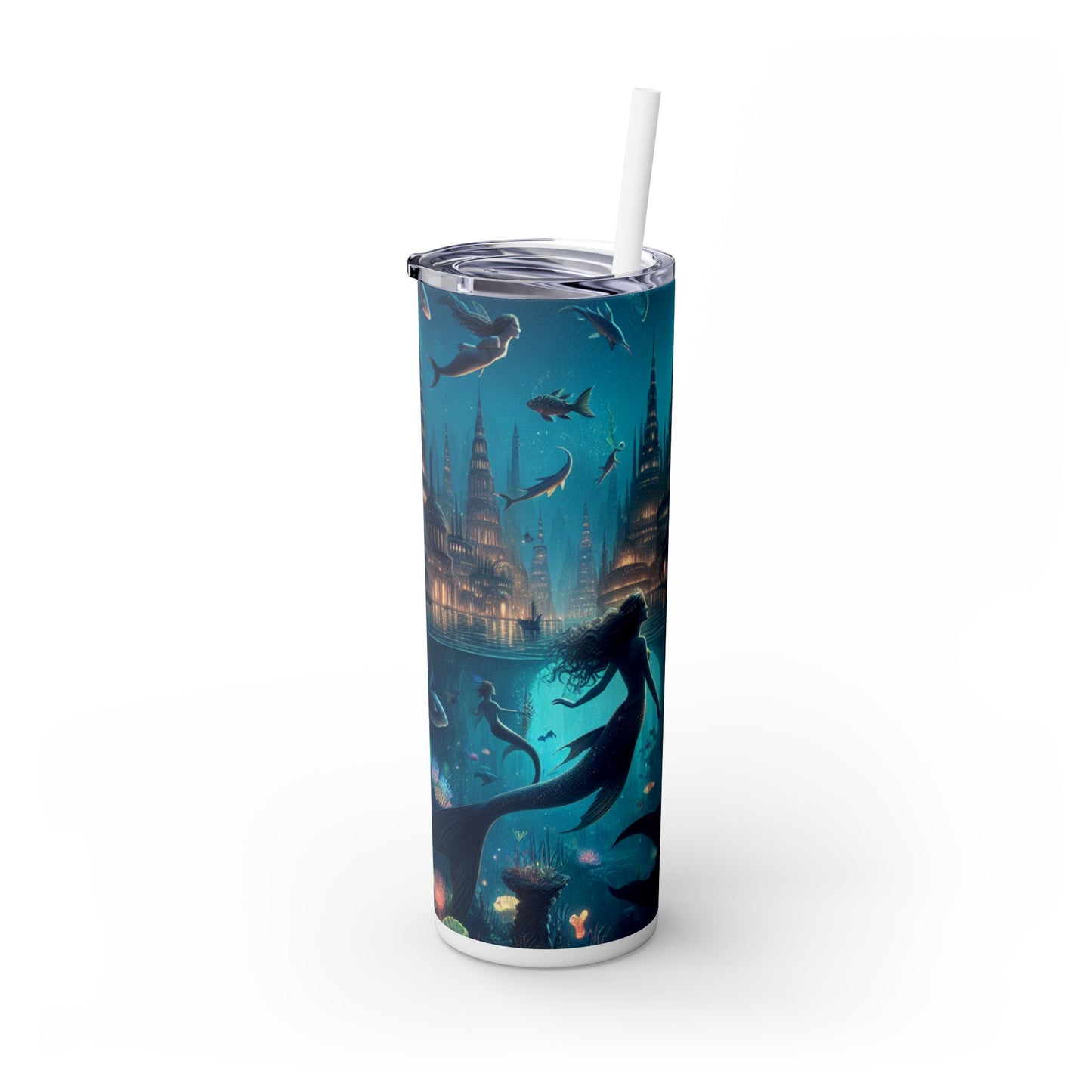 "Atlantis Illuminated: A City of Mystical Sea Creatures" - The Alien Maars® Skinny Tumbler with Straw 20oz