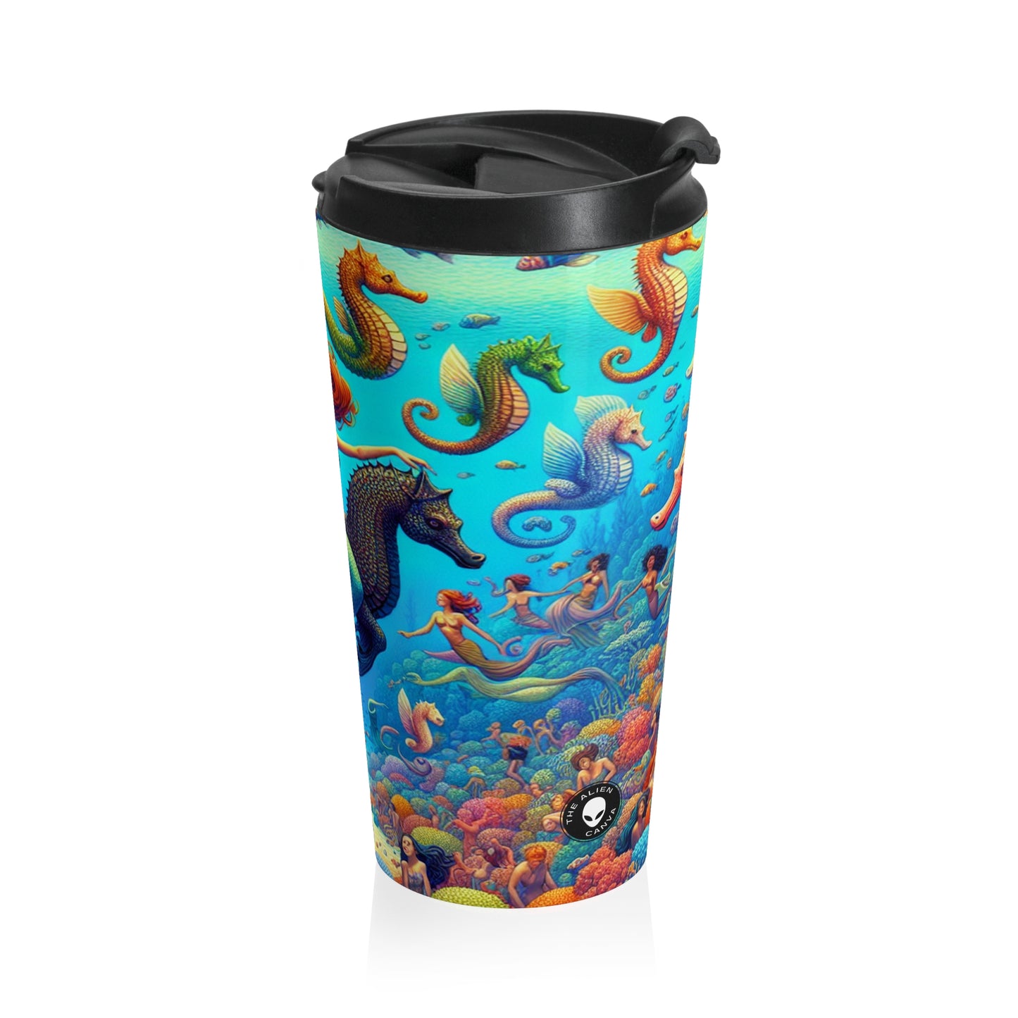 "Seahorse Serenade: un viaje mágico bajo el agua" - Taza de viaje de acero inoxidable The Alien