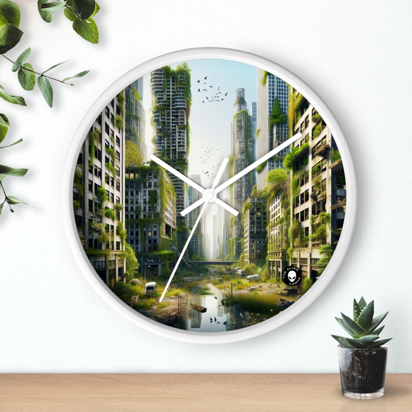 "Nature's Reclamation: A Futuristic Urban Jungle" - The Alien Wall Clock