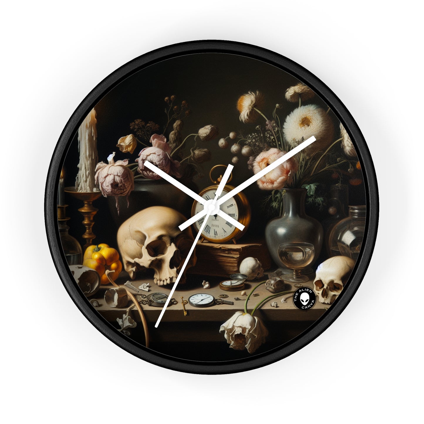 "Dégradation numérique : une vanité contemporaine examinant le consumérisme au 21e siècle" - La peinture de Vanitas de l'horloge murale extraterrestre