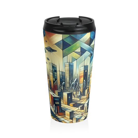 "Cubism in a Futuristic, Alien-Invaded City". - The Alien Stainless Steel Travel Mug A futristic city invaded by aliens in cubism art style