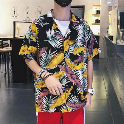 Hip hop leaf print Beach Short Sleeve Shirt