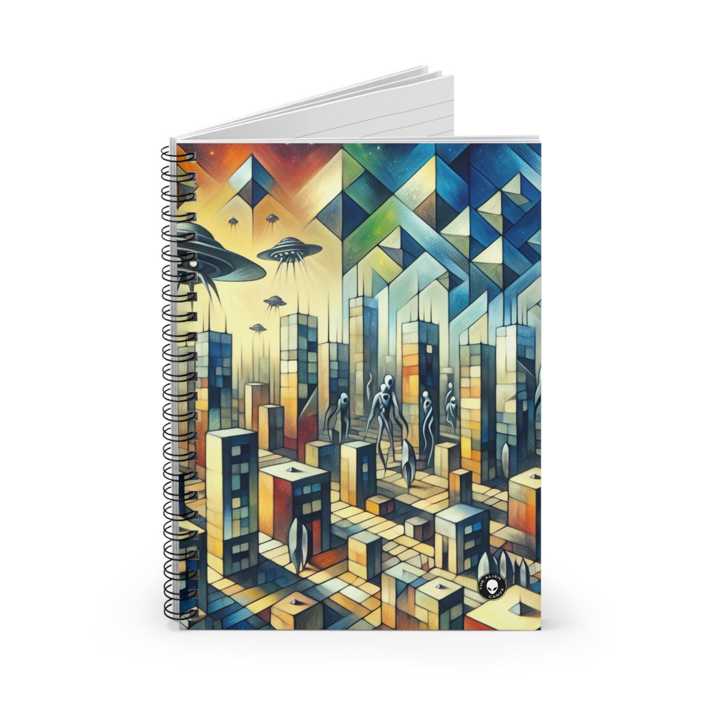 "Cubism in a Futuristic, Alien-Invaded City". - The Alien Spiral Notebook (Ruled Line) A futristic city invaded by aliens in cubism art style