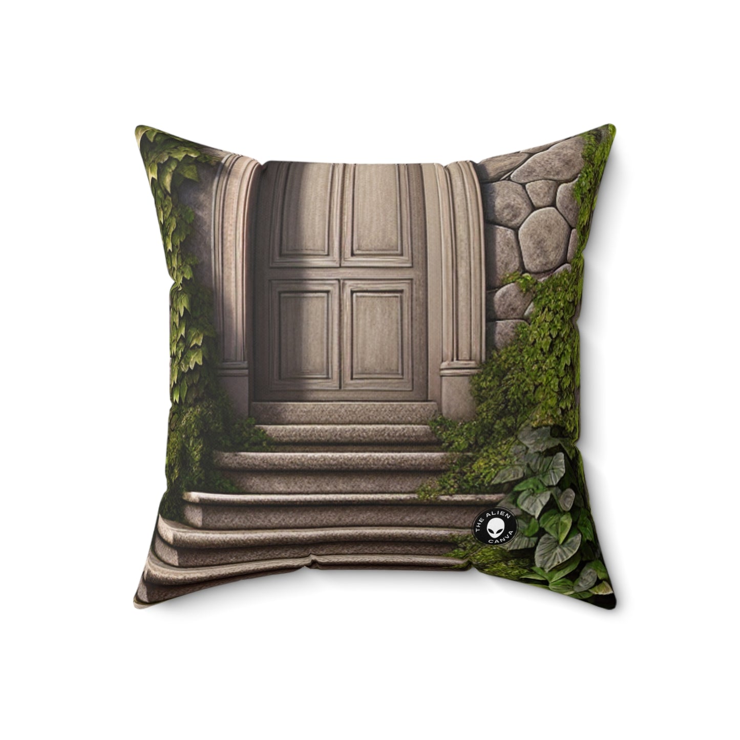 "Trompe-L'oeil Ivy Wall" - La almohada cuadrada de poliéster hilado alienígena Trompe-l'oeil