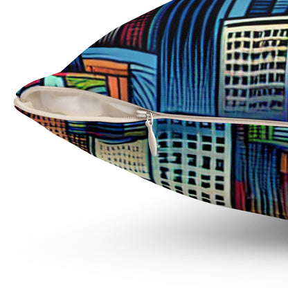 "Bright City: A Pop of Color on the Skyline" - The Alien Spun Polyester Square Pillow Street Art / Graffiti Style