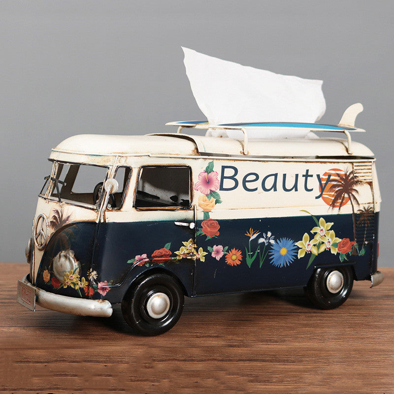 Multicolor Flower Bus Model Figurines Retro Car Tissue Box Home Decoration Ornaments Crafts