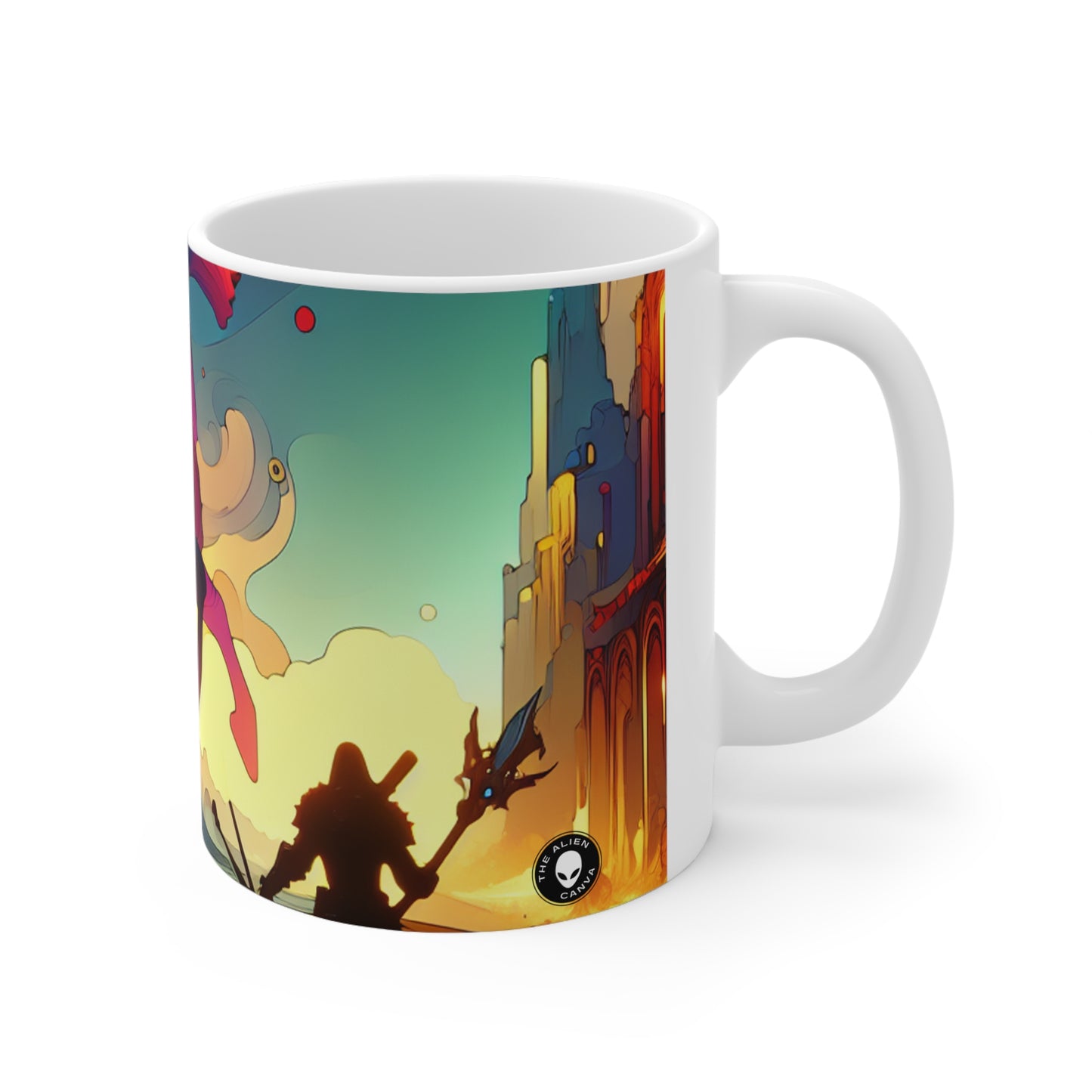 "Crossovers Clash: The Ultimate Battle of Dimensions" - Taza de cerámica alienígena de 11 oz Arte de videojuegos