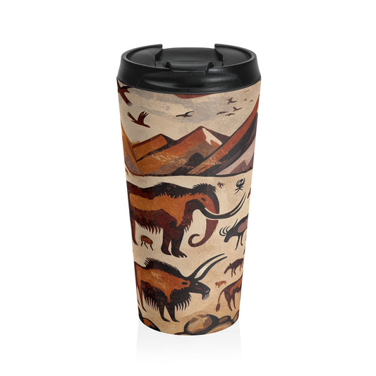 Title: "Ancient Encounter: The Battle of Giants" - The Alien Stainless Steel Travel Mug Cave Painting