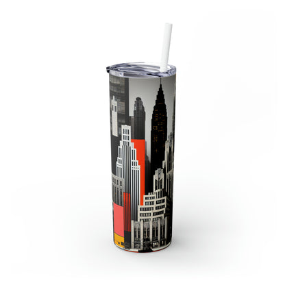 "A Contrast of Times: Classic Art Deco Skyscrapers and a Modern Cityscape" - The Alien Maars® Skinny Tumbler with Straw 20oz Art Deco Style