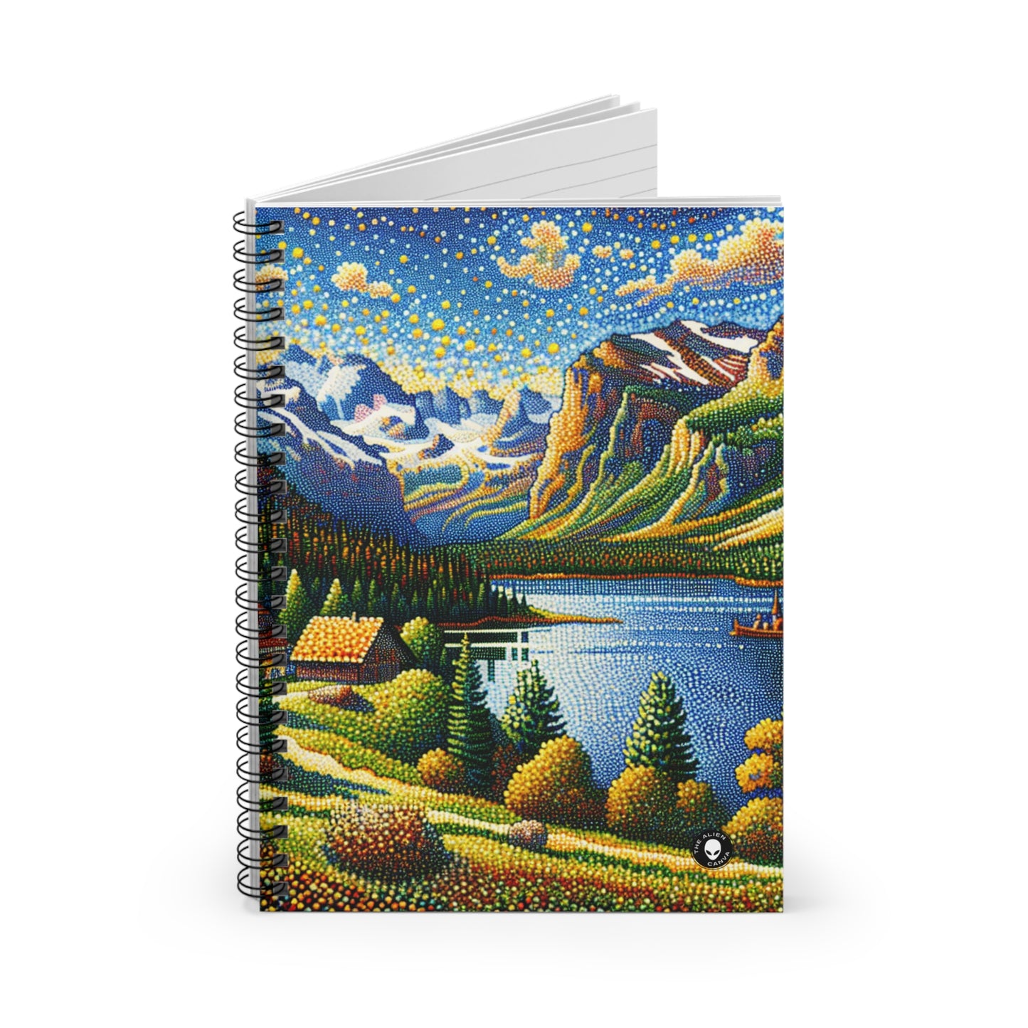 "Coucher de soleil tranquille : un chef-d'œuvre pointilliste d'une campagne sereine" - The Alien Spiral Notebook (Ruled Line) Pointillisme