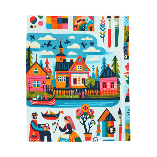 "Whimsical Village: A Folk Art Fairytale" - The Alien Velveteen Plush Blanket Folk Art