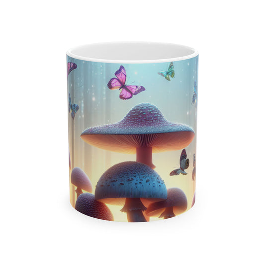 "Bosque Crepuscular: Mariposas revoloteando y hongos imponentes" - Taza de cerámica The Alien de 11 oz