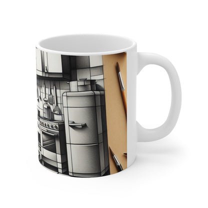 "Collage de cocina cubista" - Taza de cerámica The Alien estilo cubismo de 11 oz