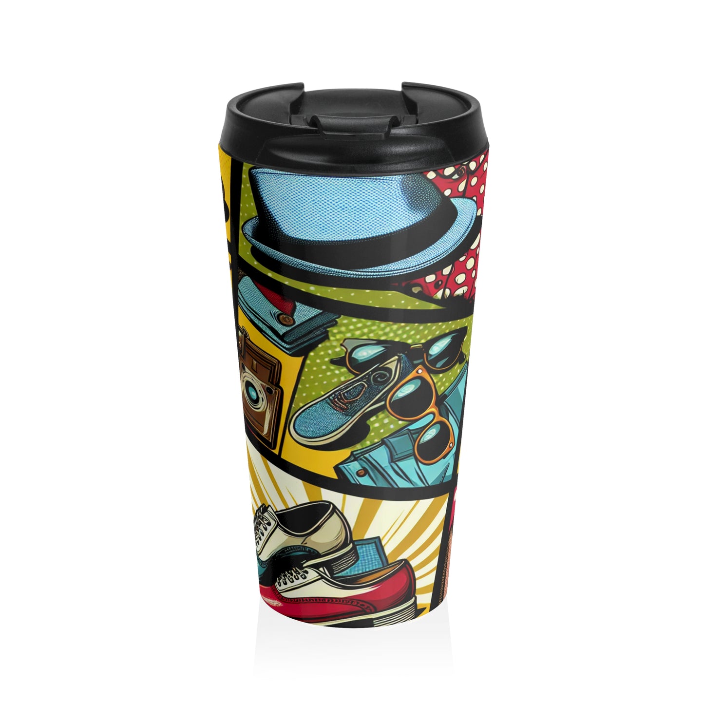 "Pop Art Apparel: Un collage de style vintage" - La tasse de voyage Alien en acier inoxydable de style pop art