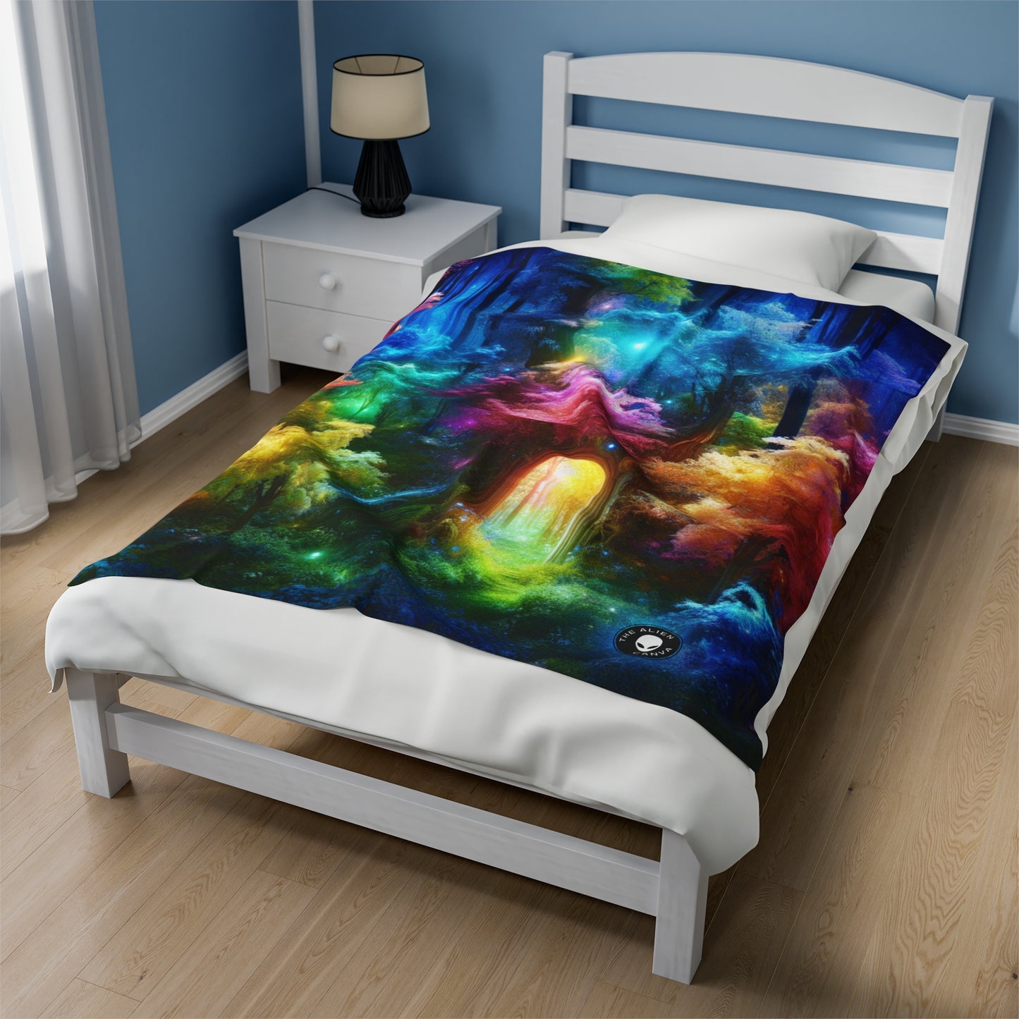 "Enchanted Rainbow Forest: Gateway to the Unseen Realm" - The Alien Velveteen Plush Blanket