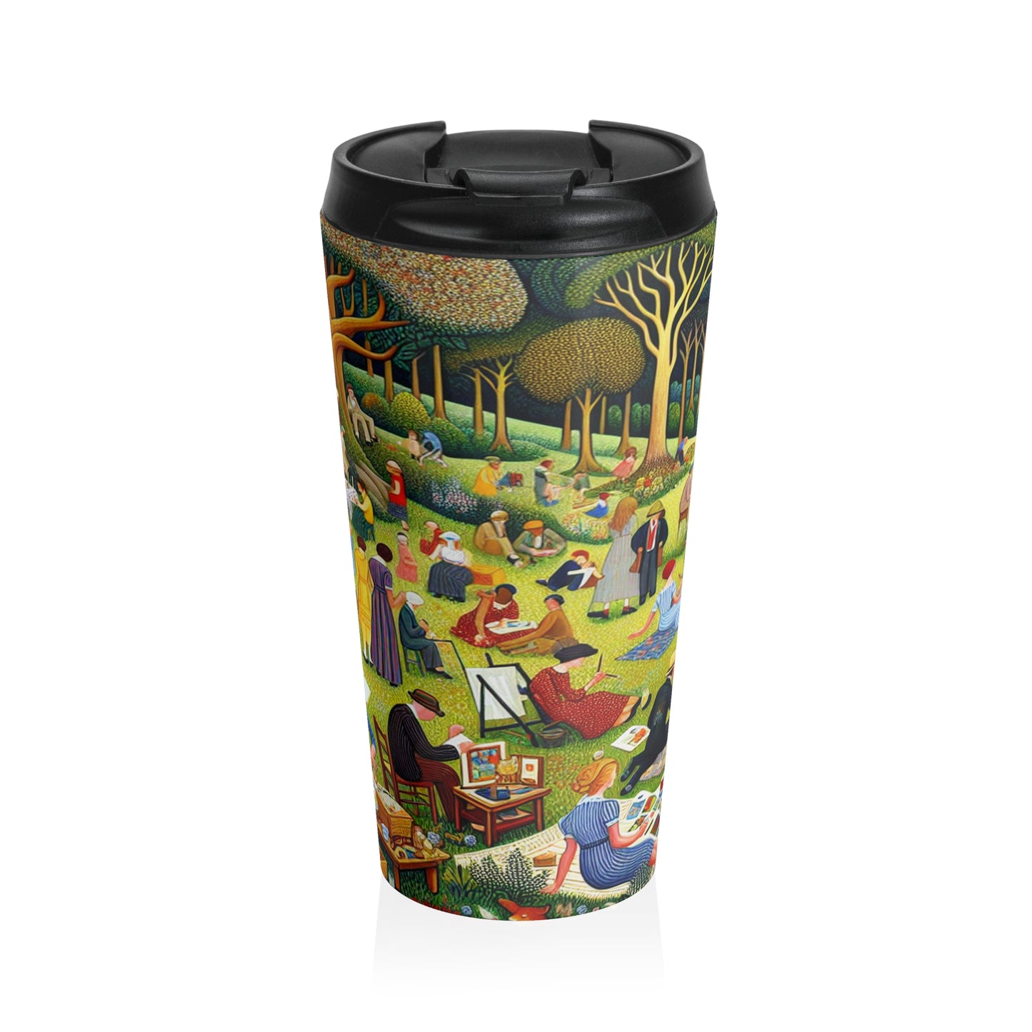 "Whimsical Village Delights" - La taza de viaje alienígena de acero inoxidable Naïve Art