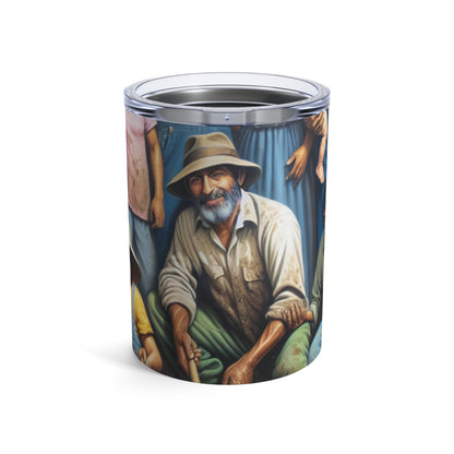 "Cosechando esperanza: una familia migrante en el jardín" - The Alien Tumbler 10oz Estilo de realismo social