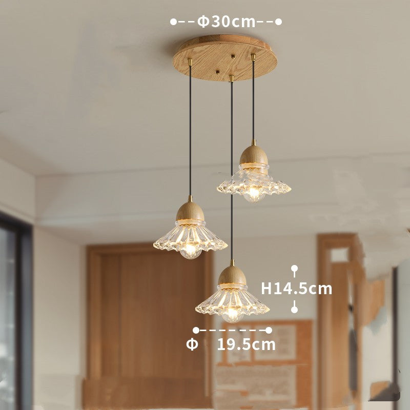 Lustre minimaliste moderne nordique à trois têtes en verre et bois massif pour restaurant