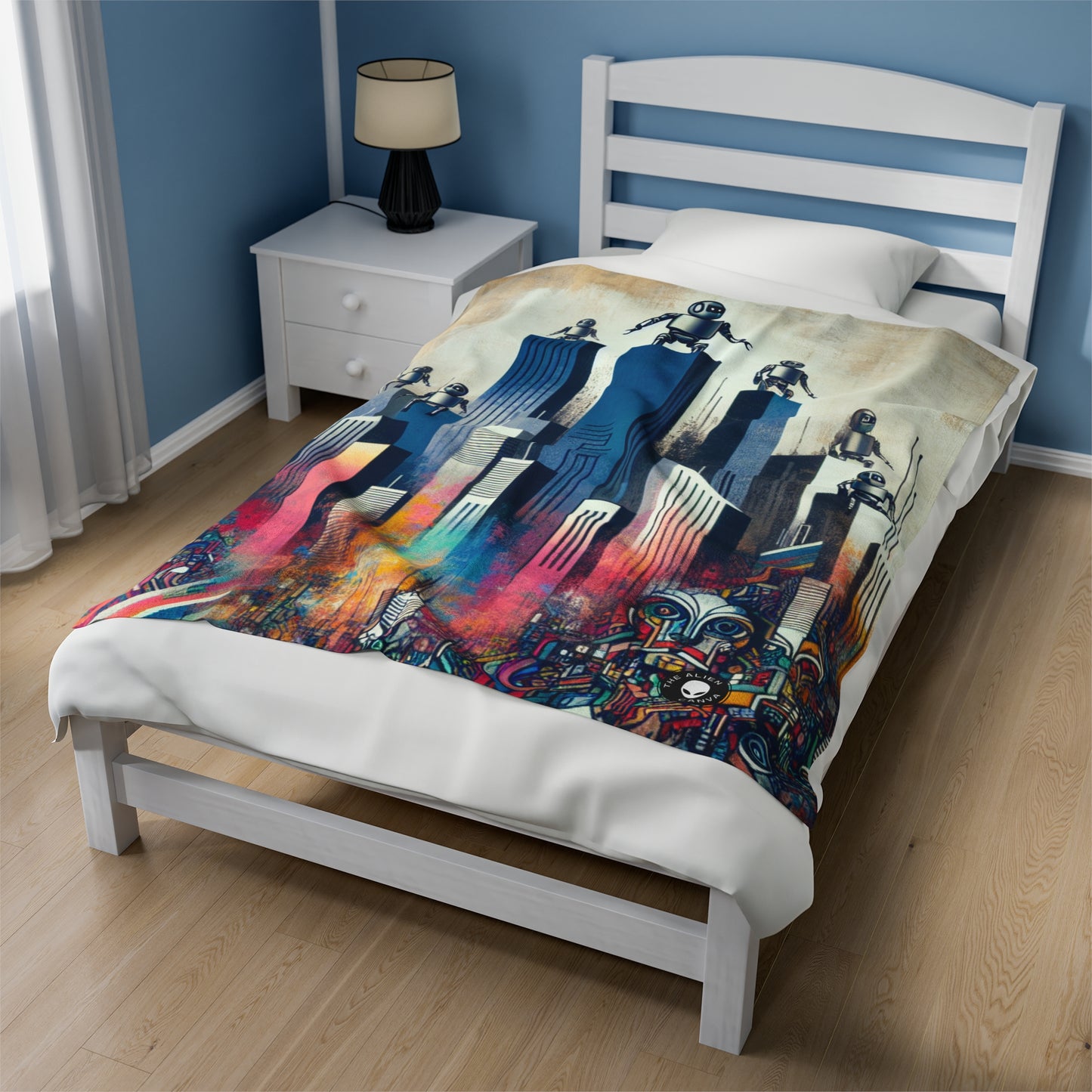 "Robotic Cityscape: A Futuristic Mural" - The Alien Velveteen Plush Blanket Street Art / Graffiti