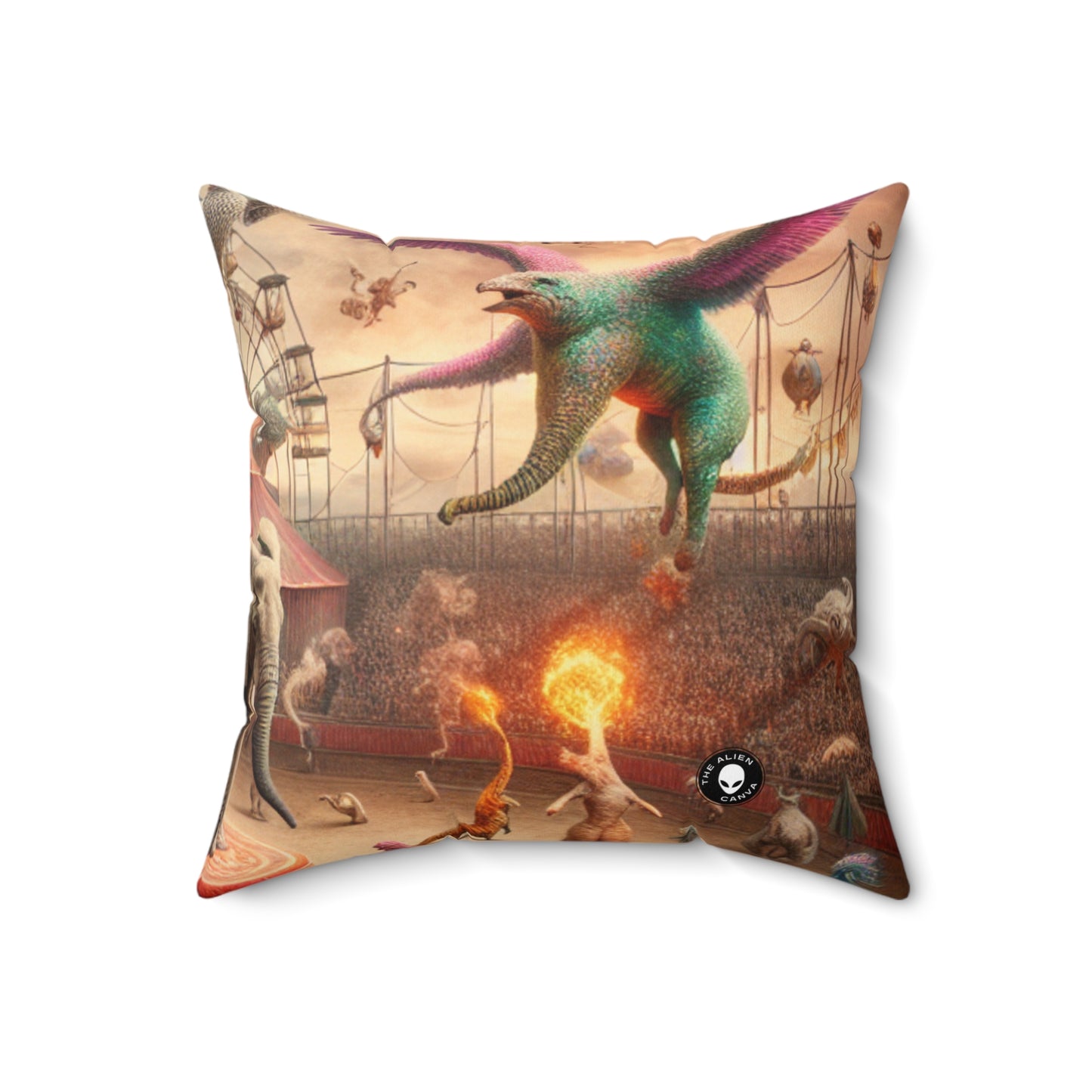 "Fantasy Circus: Where Animal Performers Entertain Mythical Attendees"- The Alien Spun Polyester Square Pillow