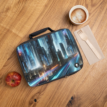 "Paisajes nocturnos de neón: una aventura urbana futurista" - La bolsa de almuerzo alienígena