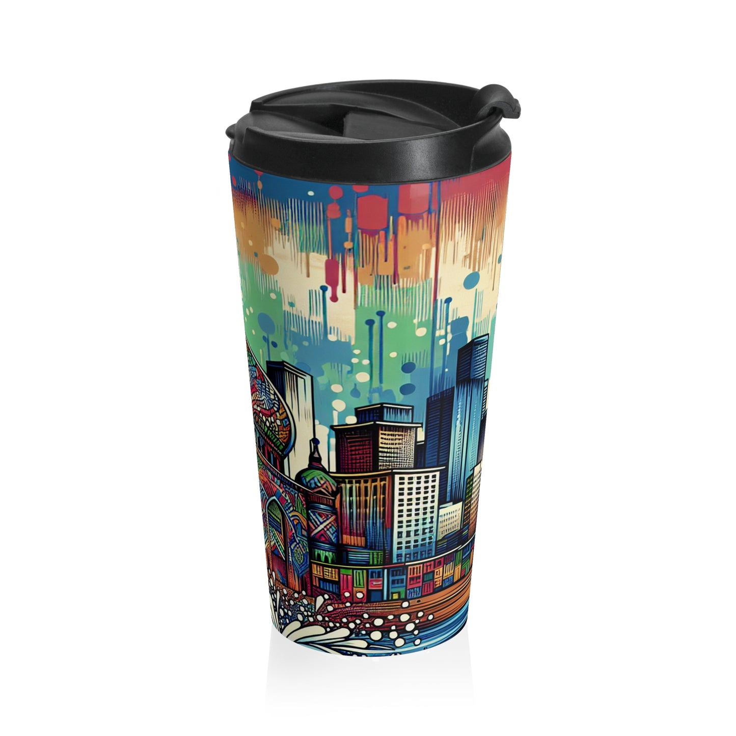 "Bright City: A Pop of Color on the Skyline" - The Alien Mug de voyage en acier inoxydable Street Art / Style Graffiti