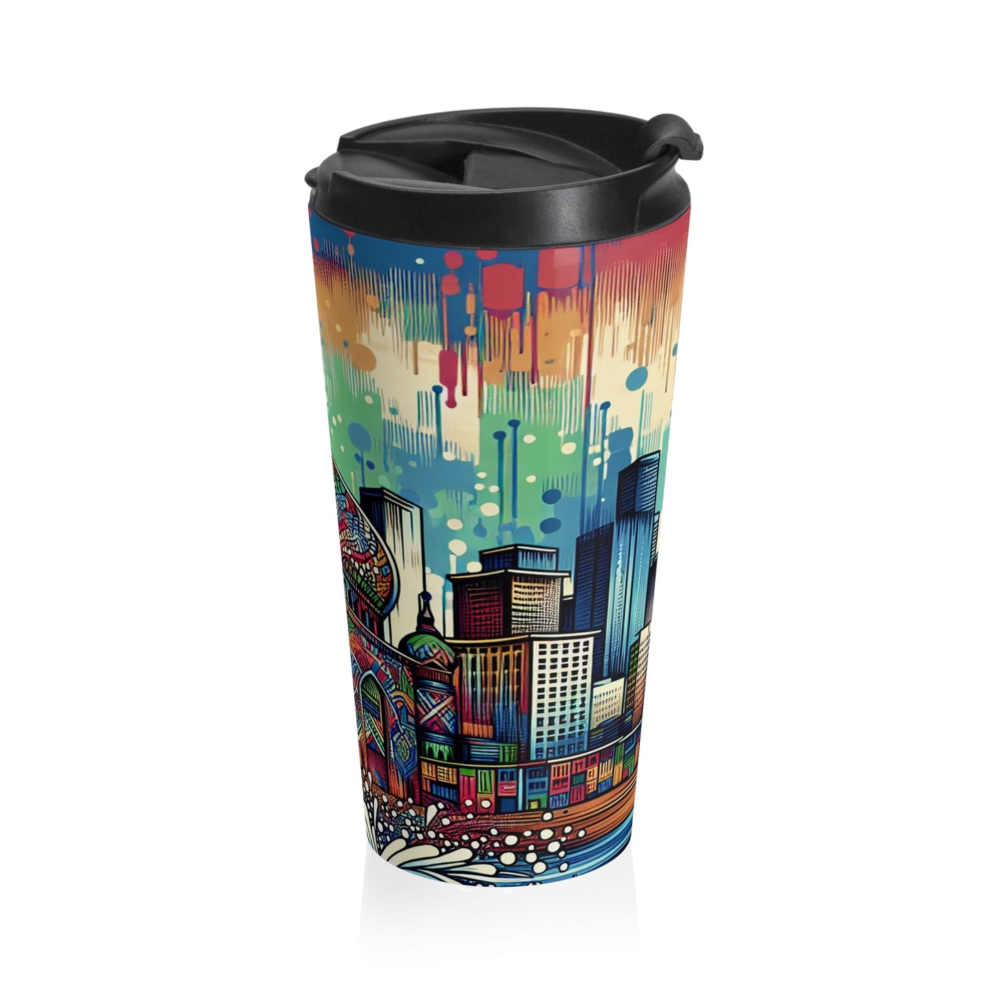 "Bright City: A Pop of Color on the Skyline" - The Alien Stainless Steel Travel Mug Street Art / Graffiti Style