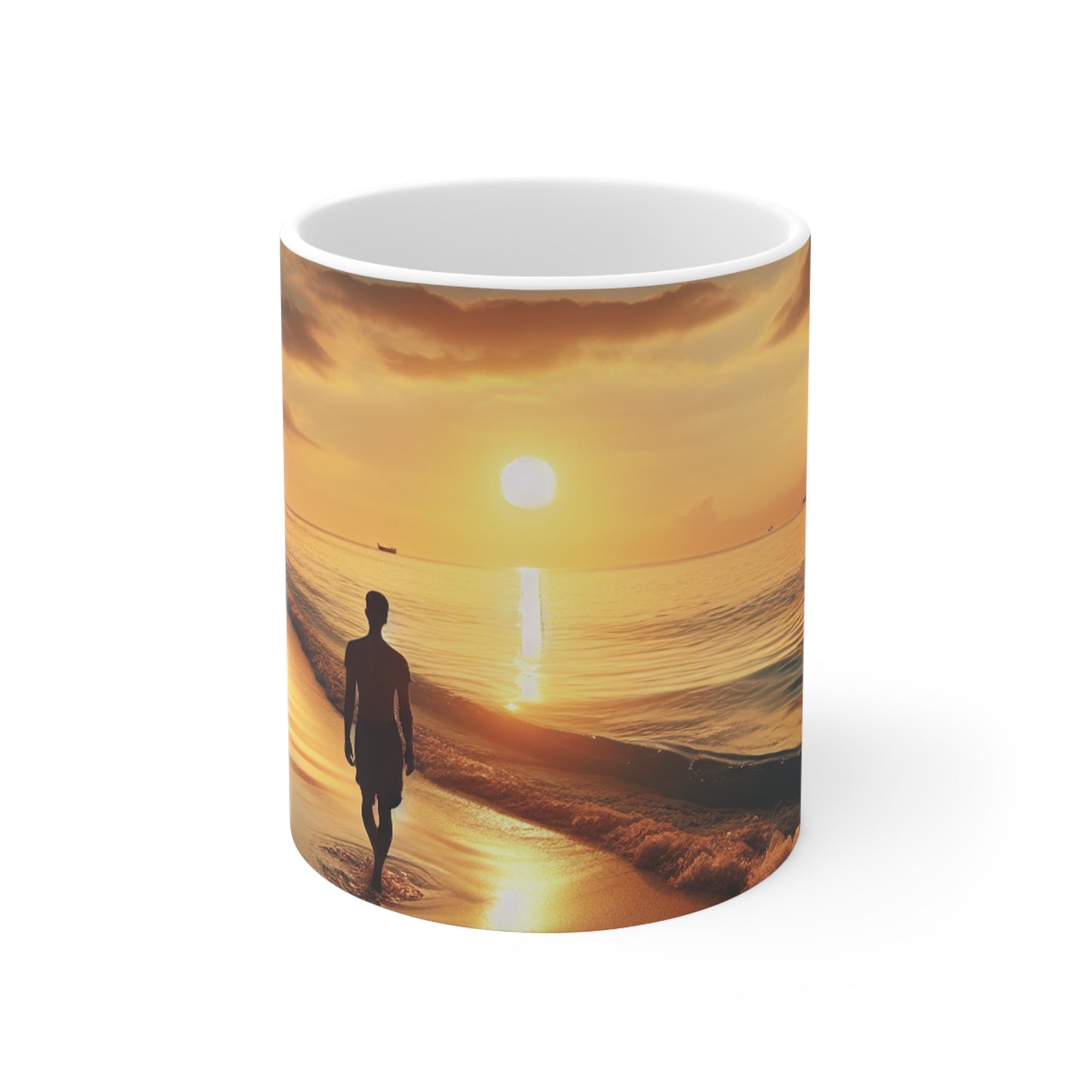 "Un paseo por la playa al atardecer" - Taza de cerámica The Alien de 11 oz estilo fotorrealismo