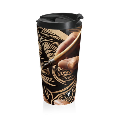 "Enchanting Shadows: A Woodcut Print of the Dancing Northern Lights" - The Alien Stainless Steel Travel Mug Woodcut Printing