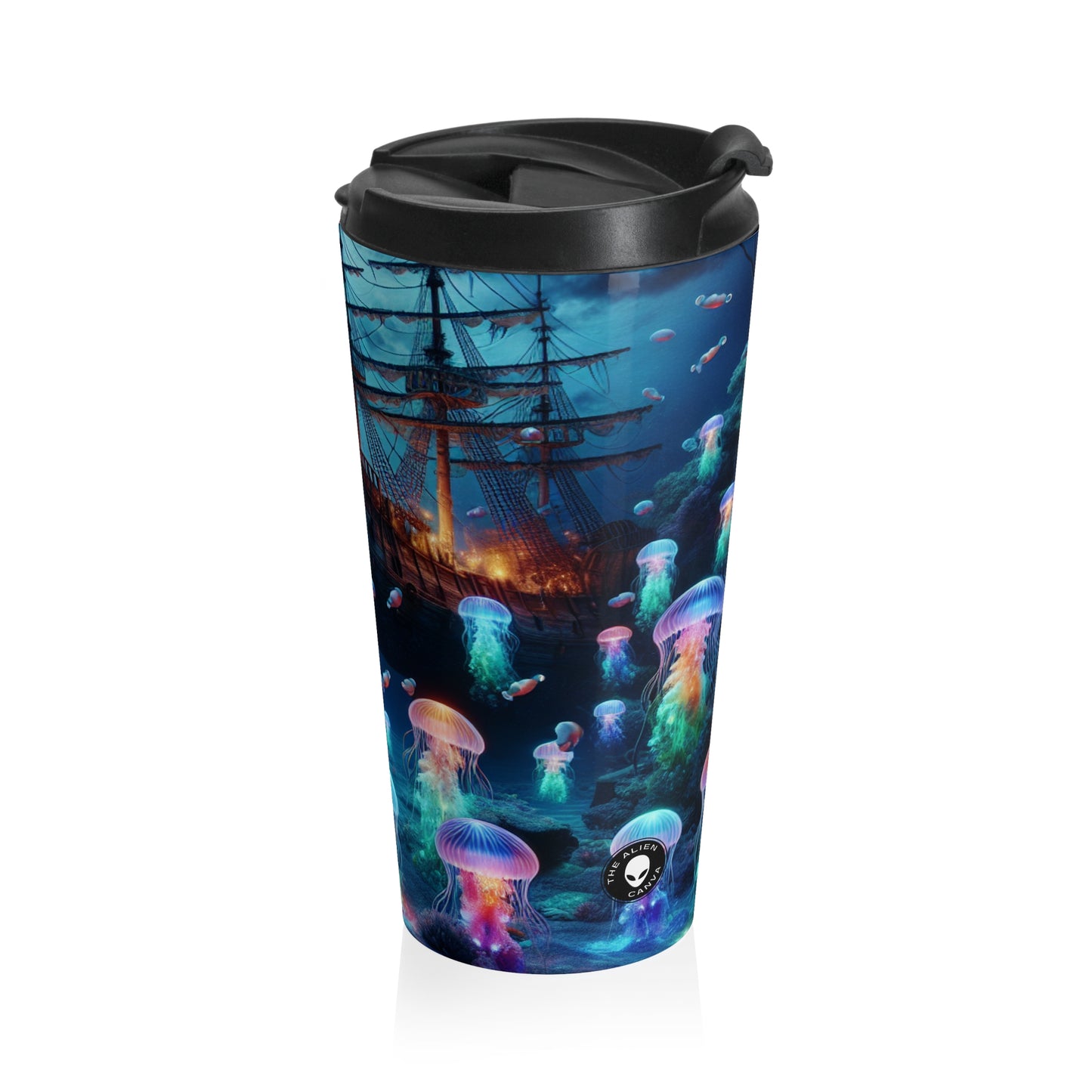 "El paraíso de las medusas resplandecientes: una aventura submarina de ensueño" - Taza de viaje de acero inoxidable The Alien