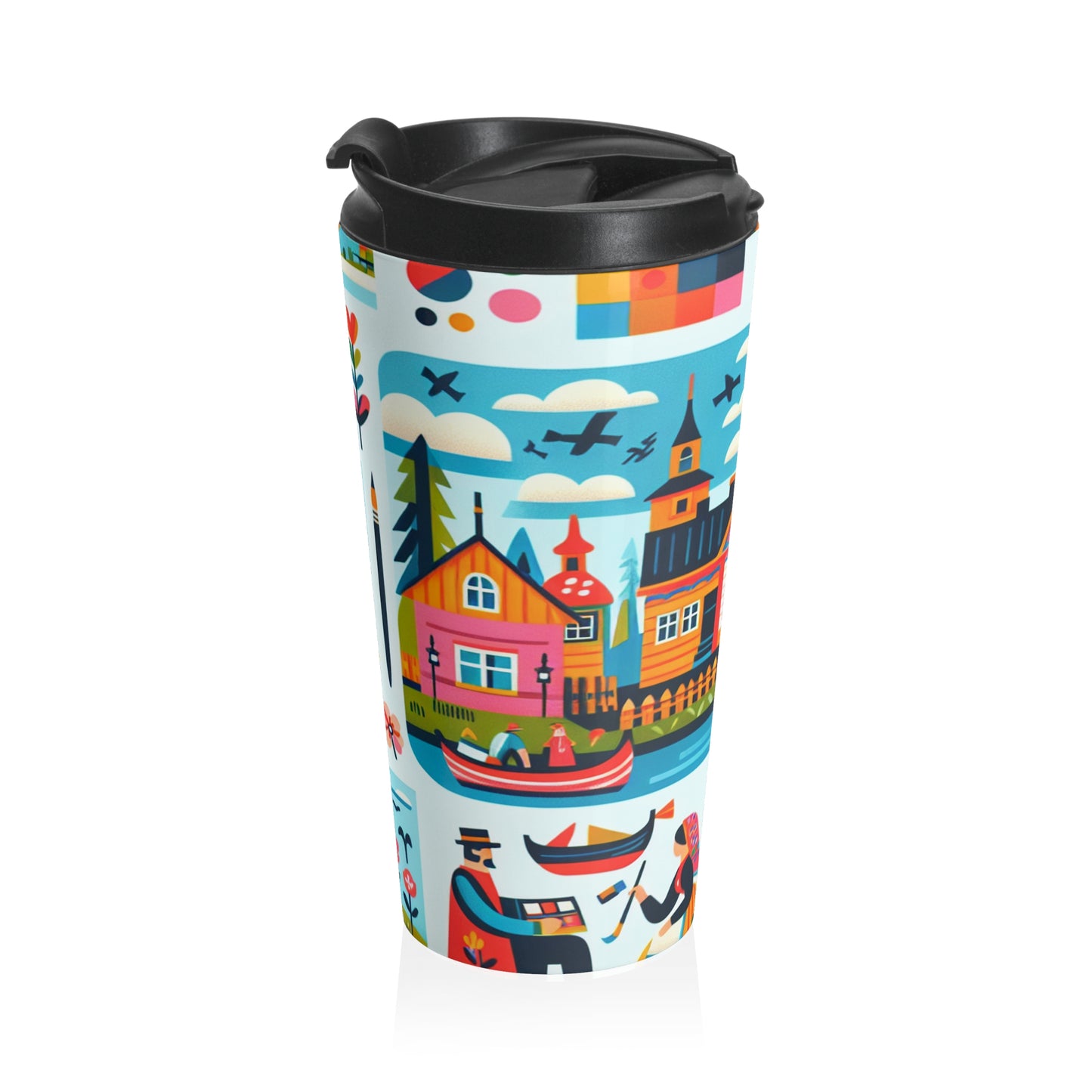 "Whimsical Village: A Folk Art Fairytale" - Taza de viaje de acero inoxidable The Alien Folk Art