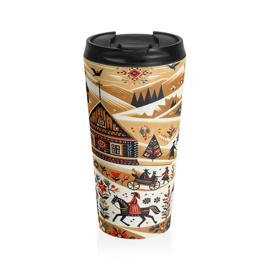 "Ukrainian Village Symphony: A Colorful Folk Art Reflection" - The Alien Stainless Steel Travel Mug Folk Art