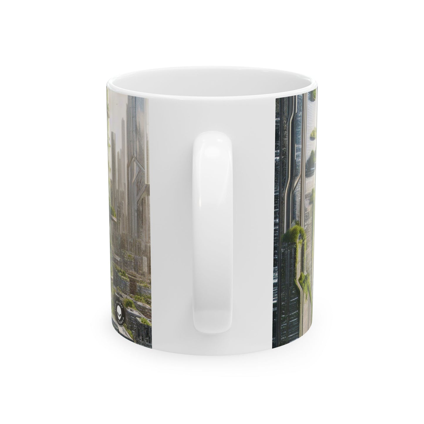 "La recuperación de la naturaleza: un paisaje urbano futurista" - Taza de cerámica alienígena de 11 oz