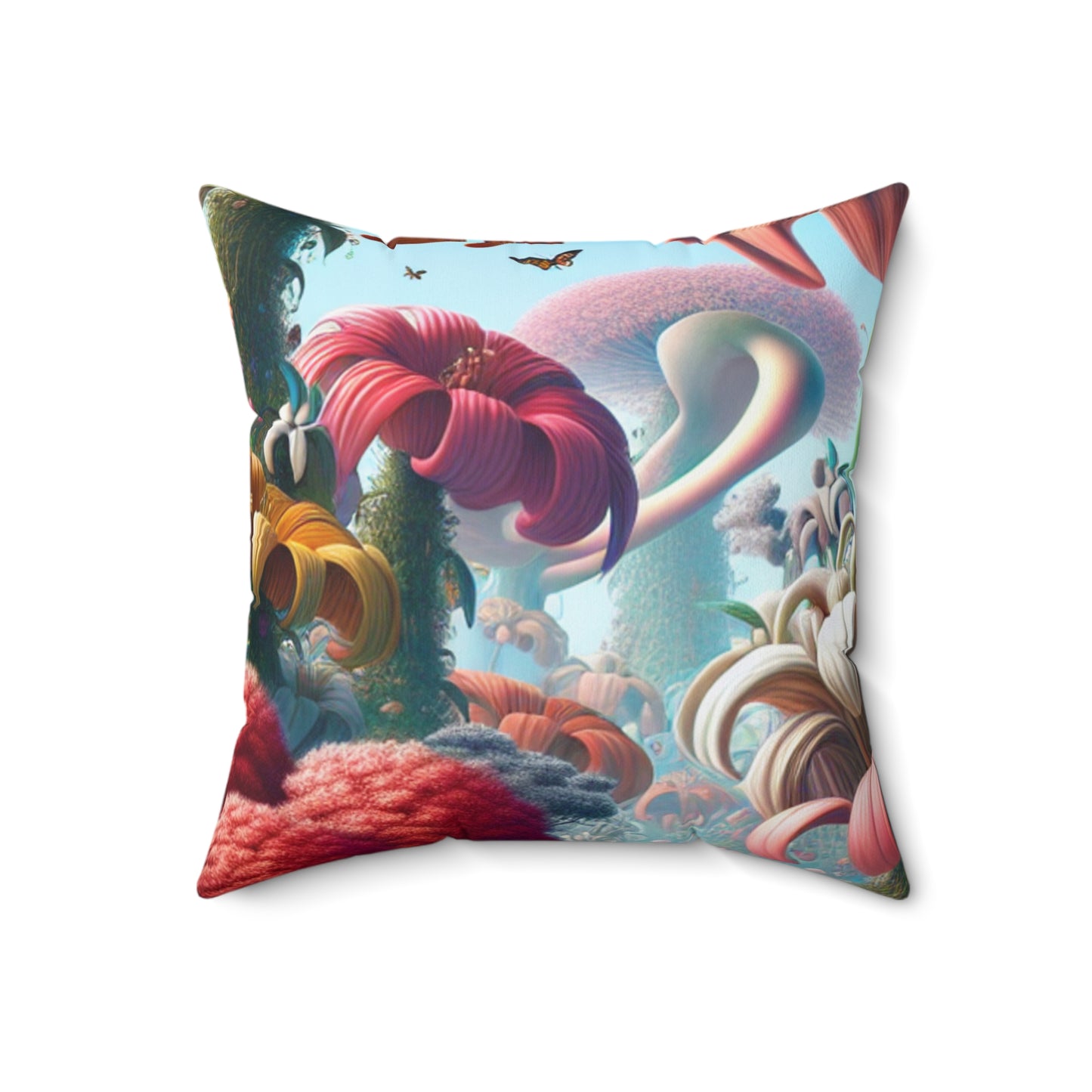 "Fanciful Garden: Big Blooms and Little Creatures"- The Alien Spun Polyester Square Pillow