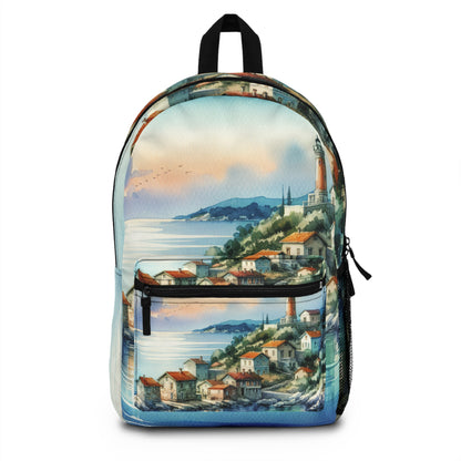 "Glimpse of a Seaside Haven" - La mochila alienígena estilo pintura de acuarela