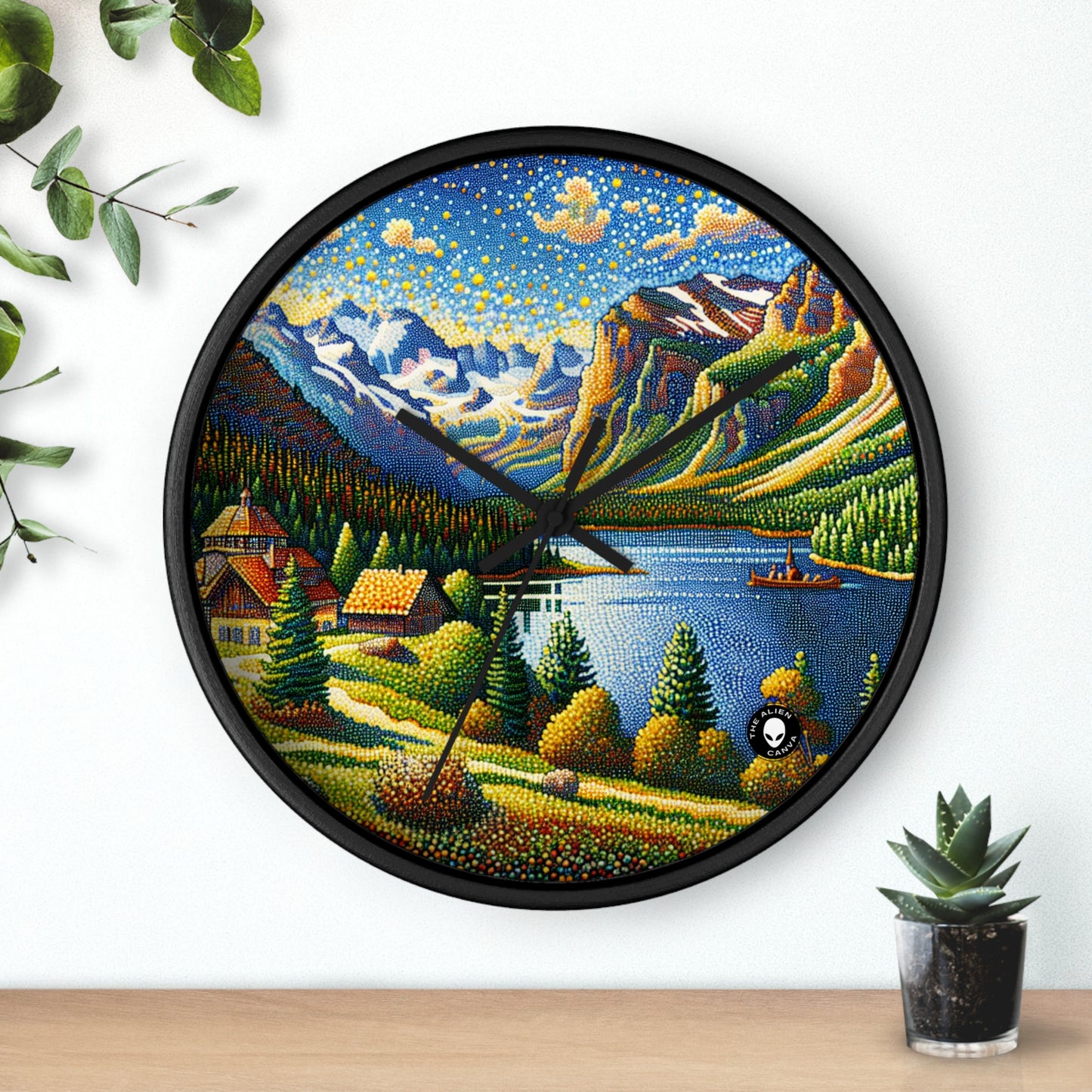 "Coucher de soleil tranquille : un chef-d'œuvre pointilliste d'une campagne sereine" - The Alien Wall Clock Pointillism