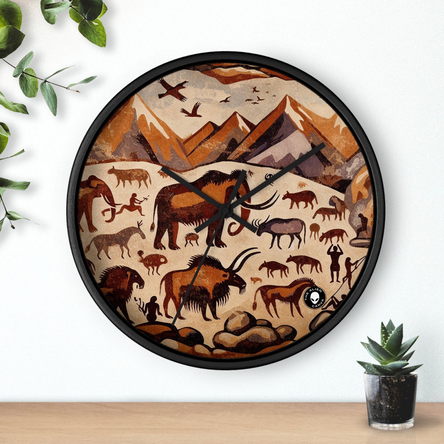 Title: "Ancient Encounter: The Battle of Giants" - The Alien Wall Clock Cave Painting